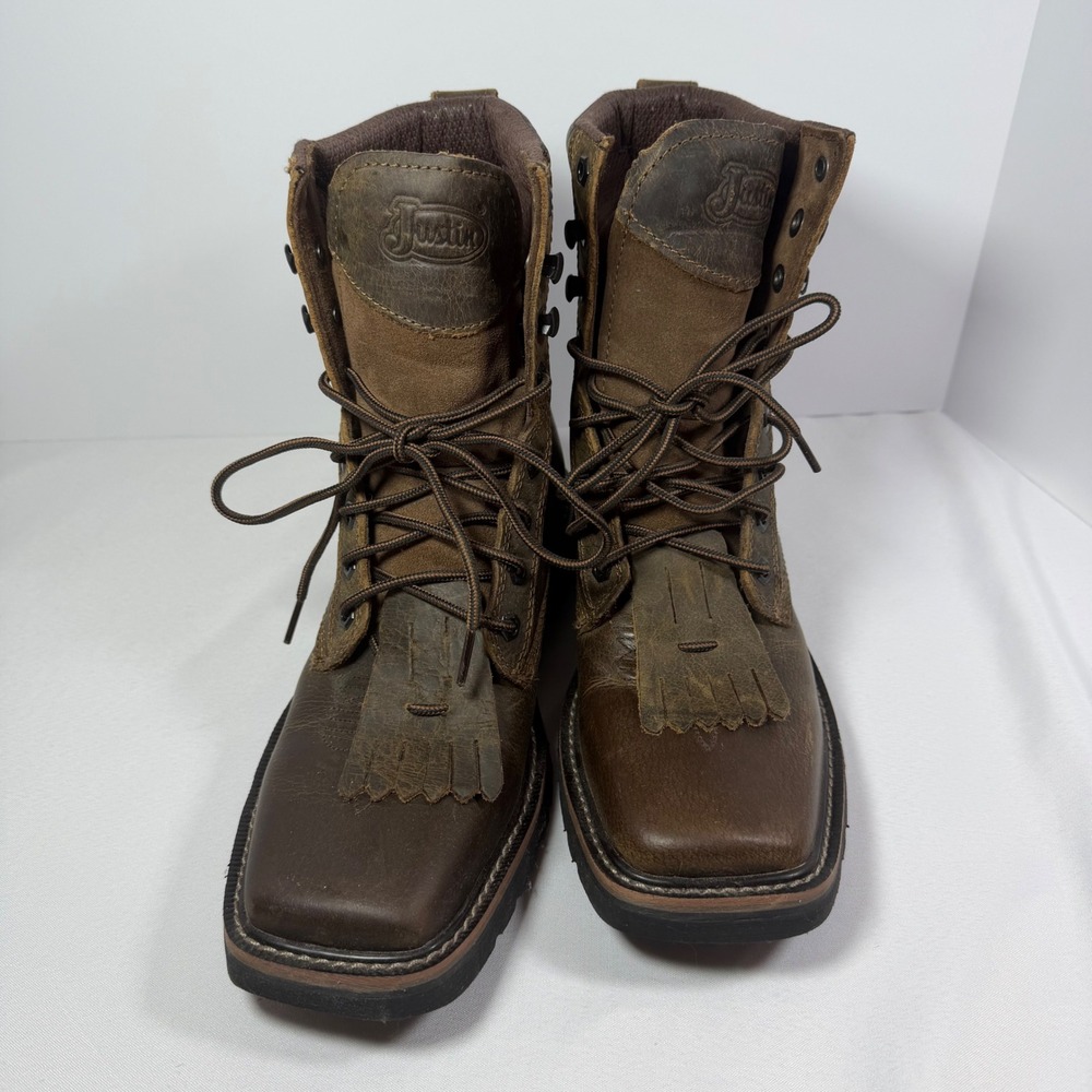 Justin Mens SE681 Stampede Brown Leather Square Toe Lace Up Work Boots 8 D EH